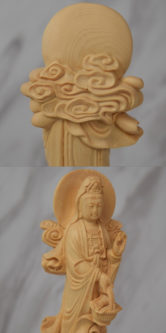 独特の素材 木彫り 仏像 魚籃観音 フィギュア 馬郎婦観音 魚籃観音像