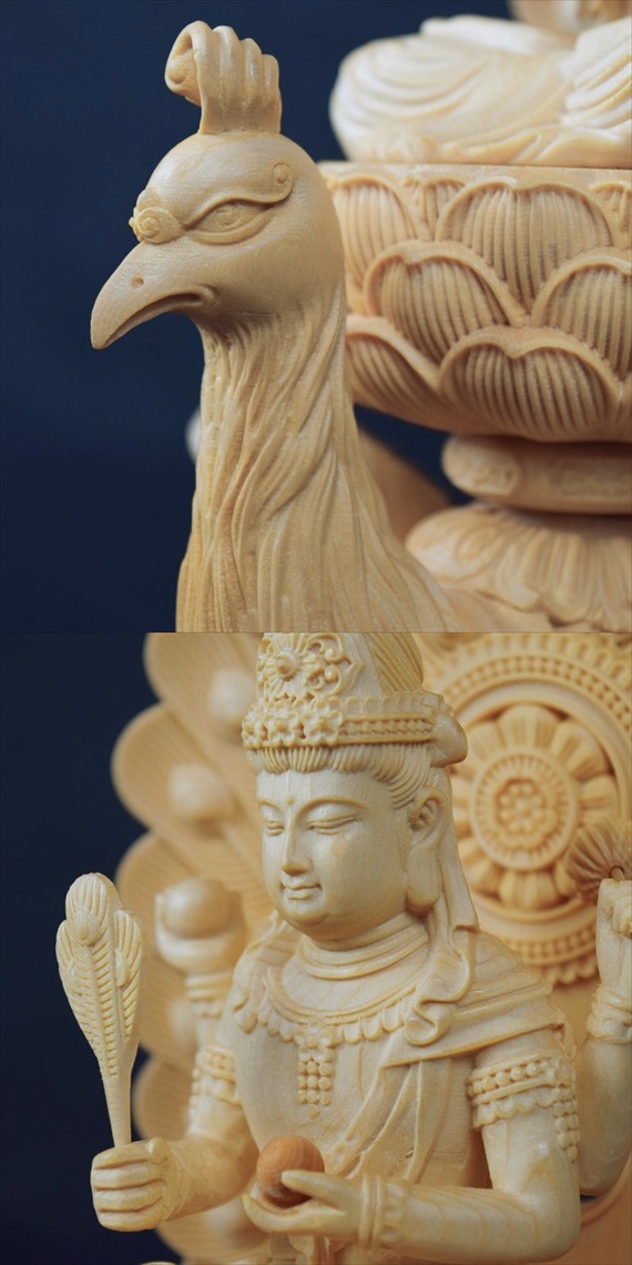 即納セール孔雀明王 木彫り 仏像 フィギュア 孔雀明王像 置物 仏教美術 木彫 仏像 421 仏像